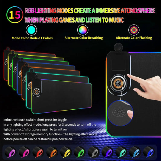XXL 4 in 1 Wireless Charging Mouse Pad 15W RGB Gaming Mousepad with Phone Holder Waterproof Non-Slip Mouse Pad