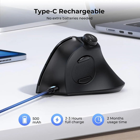 Seenda Ergonomic Mouse Rechargeable USB+Dual BT MOU-302 Vertical Wireless Mouse with Volume Knob Quiet Clicks Multi-Device